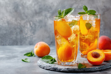 Fototapeta premium Ice peach tea or cocktail with mint and apricots, a recipe for a refreshing summer drink. Two glasses with peach fruit lemonade on light table, detox diet and weight loss concept, menu for restaurant
