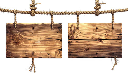 Two weathered wooden signs hanging from a thick rope