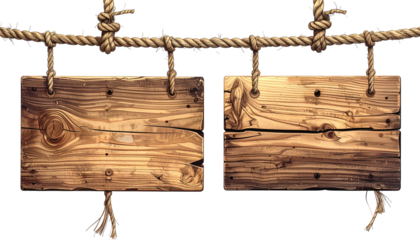Two weathered wooden signs hanging from a thick rope
