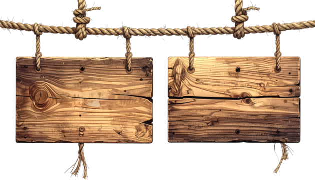 Two weathered wooden signs hanging from a thick rope