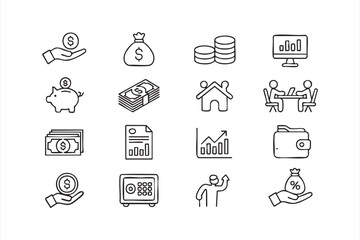 Minimalist vector set featuring coins, piggy bank, and wallet outline icons