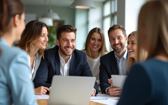 Happy friendly business team having fun at corporate training. High quality