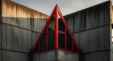 Triangular window on concrete building with grunge texture. Modern architecture evoking strength and asymmetry. . Architectural detail, structural element, urban exploration.