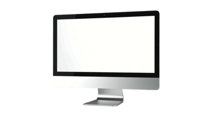 Silver all-in-one computer with blank white screen, low angle