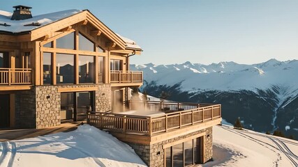 Luxury chalet with hot tub steams in snowy mountain landscape. Alpine views, winter escape, vacation rental, luxury living, retreat, ski resort, snow scene, relaxation, architecture.