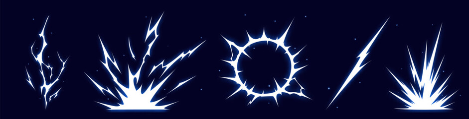 Manga thunder effect background set shows cartoon power energy sparks with comic lightning burst. Manga thunder bg collection works for anime flash, game vfx, electric strike or action design.