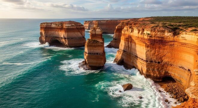 Coastal landscape featuring dramatic sea cliffs meeting the turquoise ocean under a partly cloudy sky