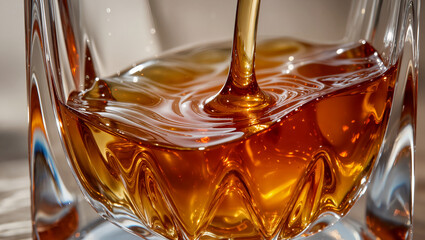 Golden syrup flows smoothly into a crystal glass