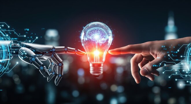 Robot and human hands interact with brain in lightbulb. Futuristic concept illustrating collaboration and invention. Innovation, technology solutions, artificial intelligence.