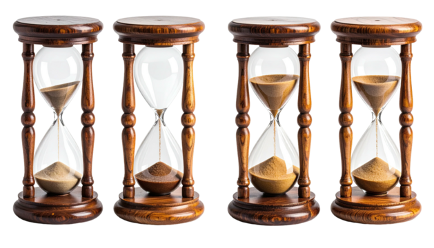 Four hourglasses depict passage of time with sand falling