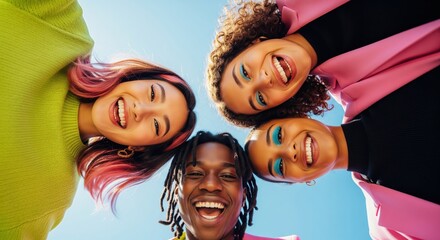 Four diverse friends smiling together outdoors in natural light. A low angle shot full of joy and camaraderie. Connection, friendship goals, happy lifestyle.