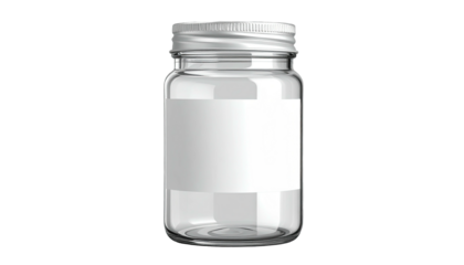 Small, clear jar with blank white label and silver lid