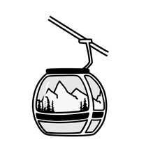 Minimalist vector illustration of a cable car gondola with mountain and pine landscape inside. Perfect for ski resort design, winter sports posters, travel flyers, adventure badges, tourism branding
