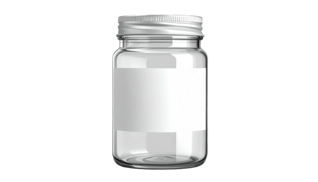 Small, clear jar with blank white label and silver lid