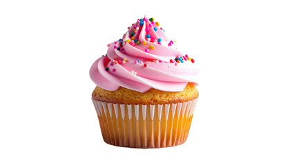Cupcake with pink frosting and colorful sprinkles on black background