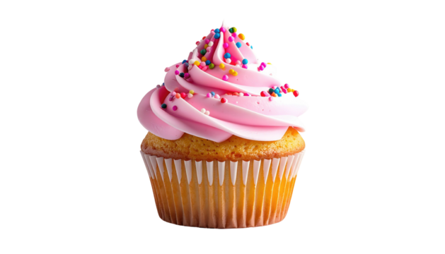 Cupcake with pink frosting and colorful sprinkles on black background