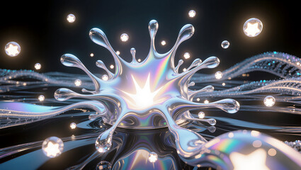 Fluid dynamic splash creating shimmering reflections and dispersion