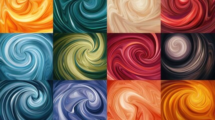 Dynamic Abstract Swirling Liquid Marble Patterns Collection: A Grid of Colorful Fluid Art Textures in Vibrant Hues of , Teal, Red, Blue, Beige, and Gold