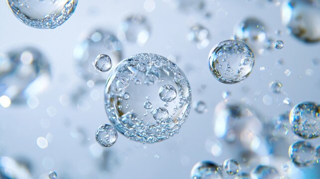A close-up of glycerin bubbles suspended in a transparent liquid illuminated by soft studio lighting creating a clean aesthetic
