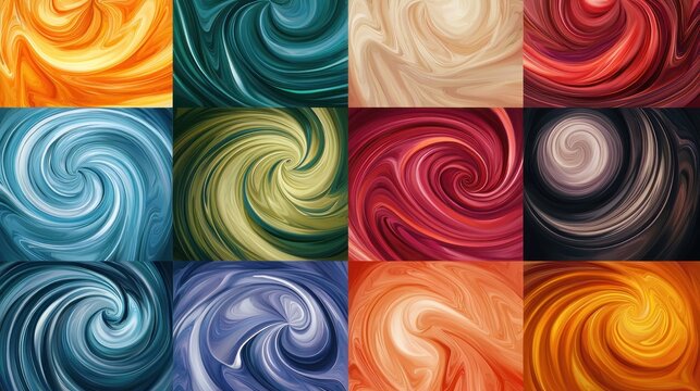 Dynamic Abstract Swirling Liquid Marble Patterns Collection: A Grid of Colorful Fluid Art Textures in Vibrant Hues of , Teal, Red, Blue, Beige, and Gold