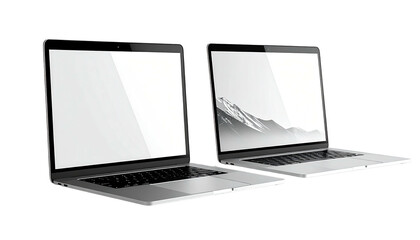 Two laptops one with blank screen, one showing mountain