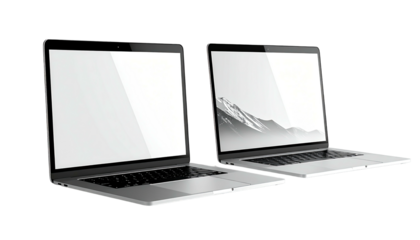 Two laptops one with blank screen, one showing mountain