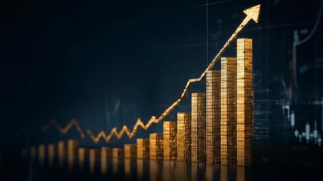 Row of gleaming gold bars climbs upward beside a sharp arrow on a dark, data-driven chart of growth