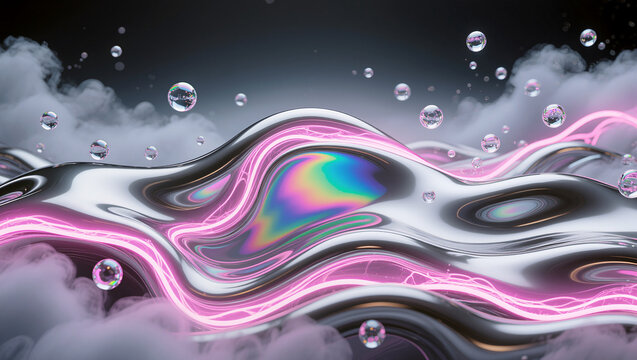 Vibrant colors and bubbles swirl in a dreamlike scene