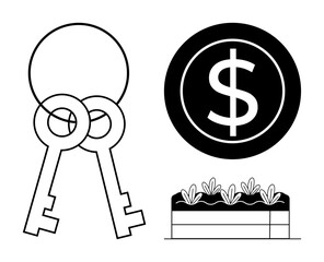 Two overlapping keys, a dollar sign in a black circle, and a garden bed with plants. Ideal for themes thumbs up security, wealth, investing, personal growth, business, finance and sustainability