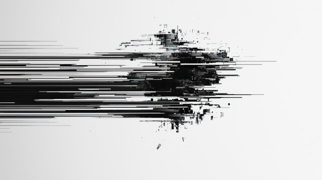 Abstract Digital Glitch Art with Horizontal Lines and Pixel Fragmentation, creating a sense of dynamic deconstruction and technological disruption on a clean white background.