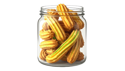 Glass jar filled with striped, yellow-green, oblong cookies