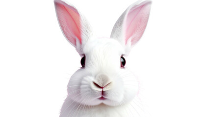 White rabbit face, focused, with long pink ears on black back