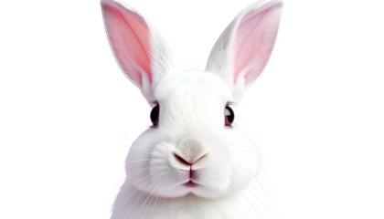 White rabbit face, focused, with long pink ears on black back