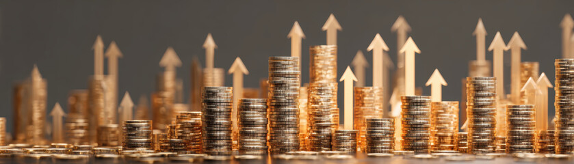 Stacked coins with upward arrows symbolize financial growth and high interest rates creating strong economic interest and investment potential