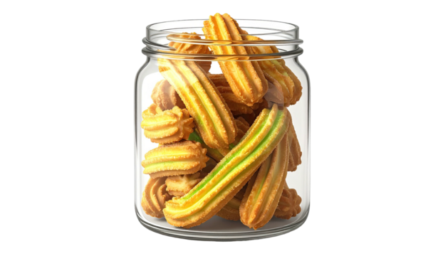 Glass jar filled with striped, yellow-green, oblong cookies