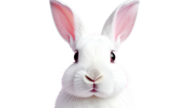 White rabbit face, focused, with long pink ears on black back - Powered by Adobe