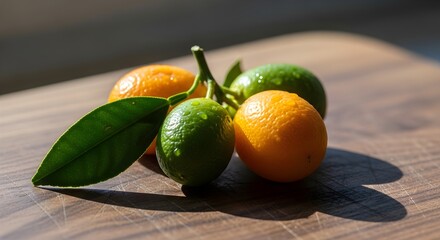 Fresh and vibrant kumquats on a wooden board reflecting summer sunshine and good health