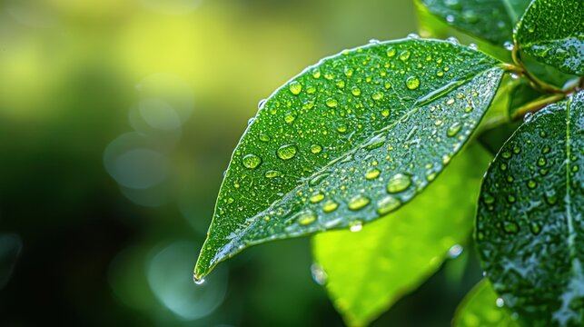A macro shot of dew on green leaves reflecting the surrounding garden in crisp detail