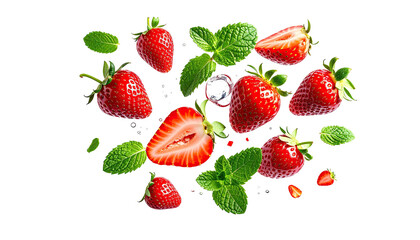 Strawberries and mint leaves floating on black background