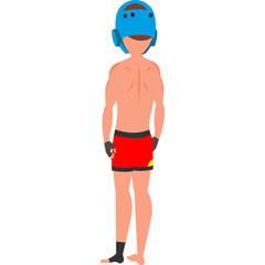 Fototapeta premium Full Body Athletic Boxer Wearing Red Shorts and Blue Headgear Standing Against White Background Isolated Illustration Full Shot
