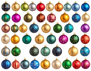 Collection of festive ornaments, diverse colors, detailed designs