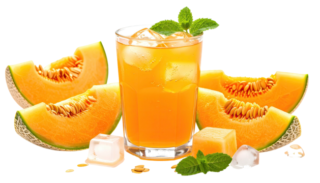 Cantaloupe drink with ice, slices, and mint