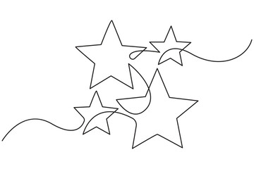 Continuous line drawing of stars in minimal style on white background.Simple single line art illustration of multiple stars abstract design.