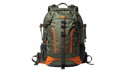 Olive & orange backpack, many straps, zipped pockets against black