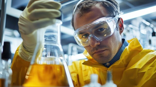 A worker carefully handles flammable liquids wearing protective gloves and goggles in a controlled laboratory environment