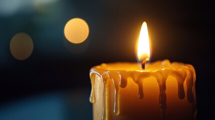 Closeup of a candle flame glowing steadily with melting wax dripping down the sides in a peaceful evening setting
