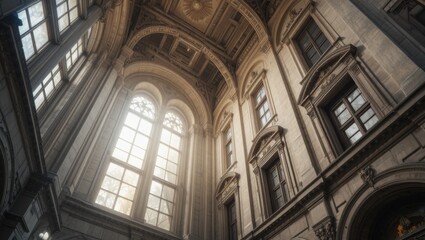 Fototapeta premium Ornate Historic Architecture Interior with Grand Windows and Atmospheric Sunlight Streaming In
