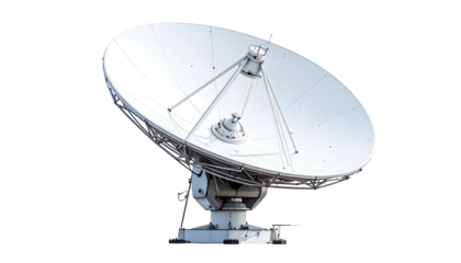 Large white parabolic satellite dish against a black background