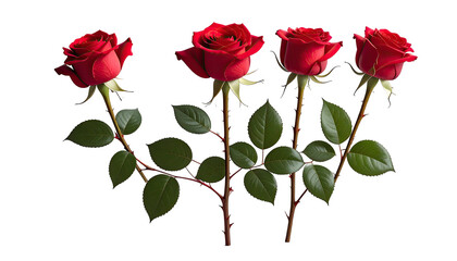 Four vibrant red roses stand tall on stems, dark background