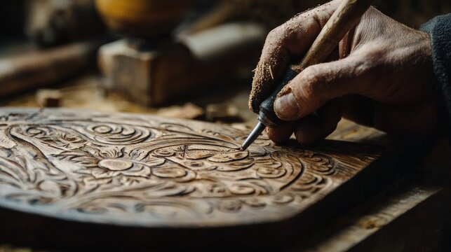 Close-up of a hand holding a wood-burning tool as it engraves detailed patterns onto a handcrafted wooden plaque on a rustic workbench